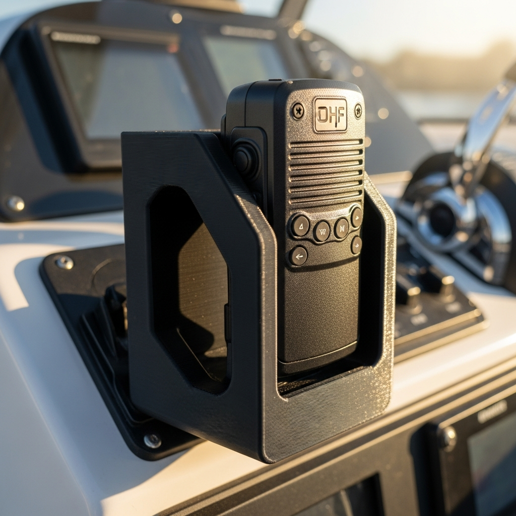 3D-printed VHF radio bracket installed on a helm station.