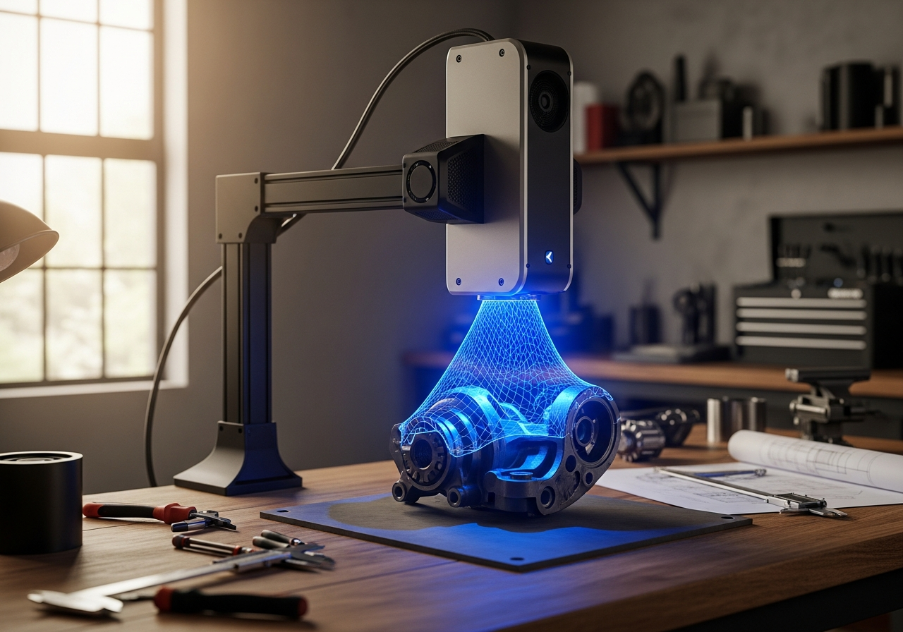 3D scanner capturing a part on a workbench.