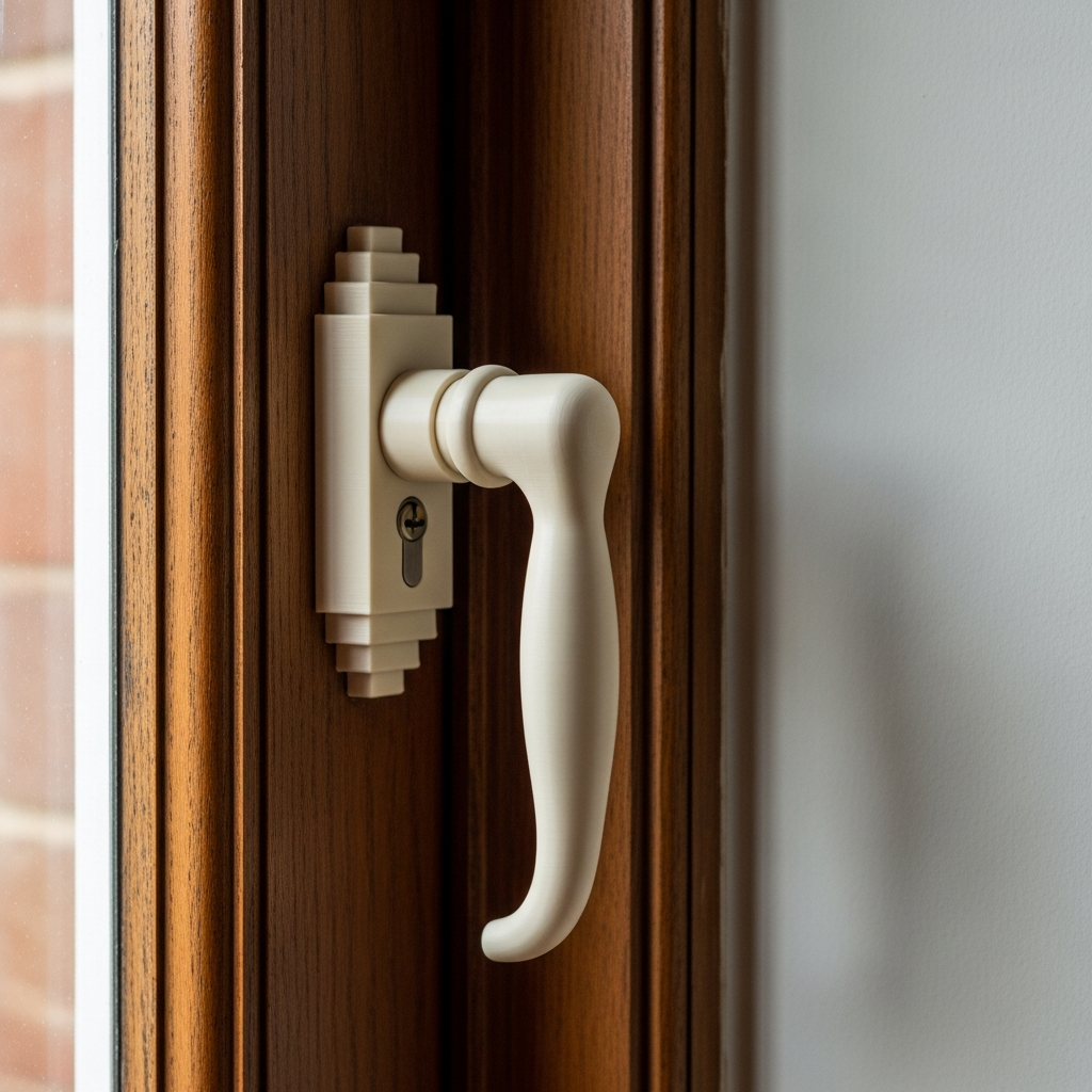Custom window handle on a dark wood frame.