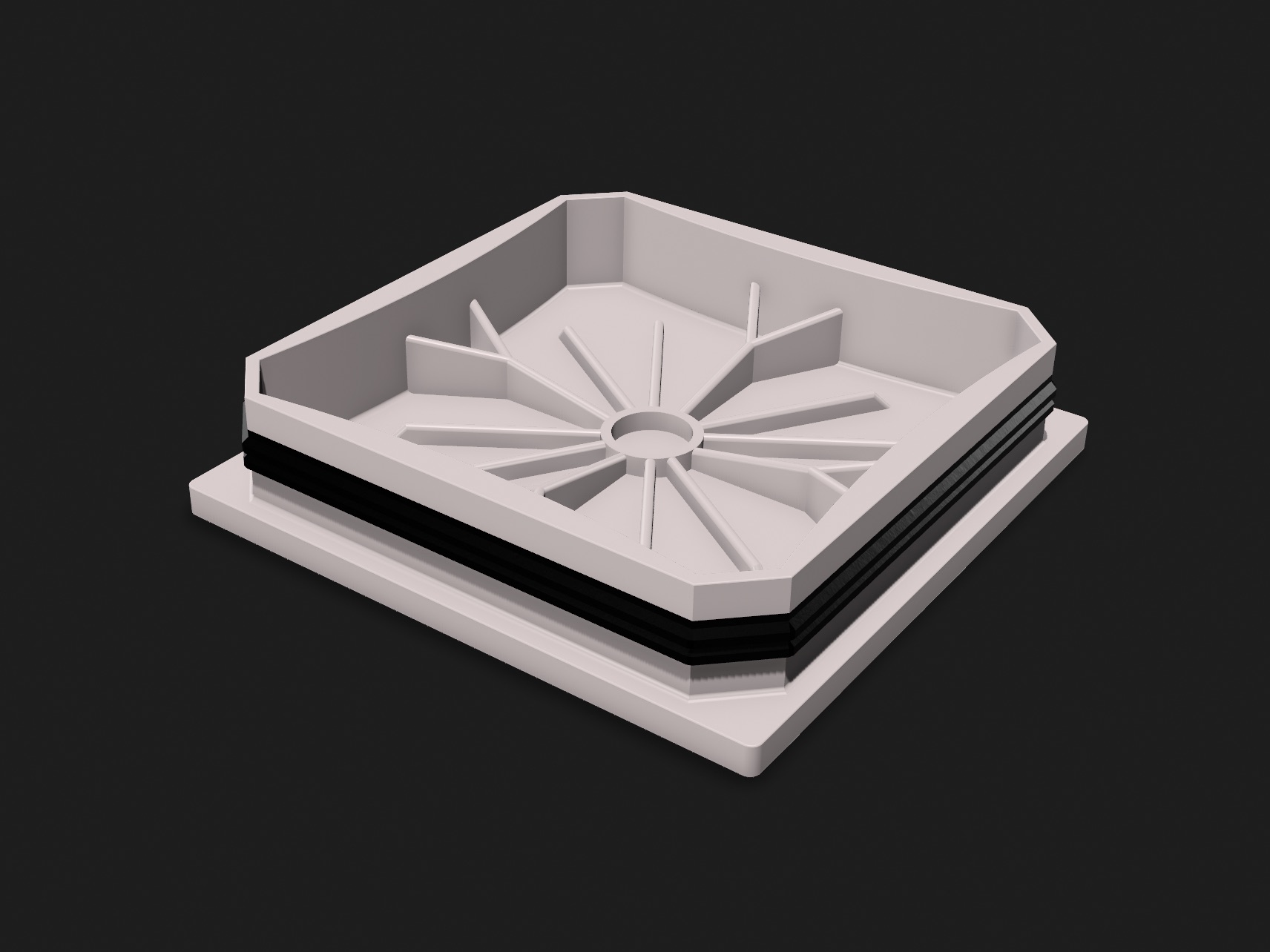 Render of the new cap model: a square ASA shell with radial ribs inside and the black TPU gasket around the skirt.